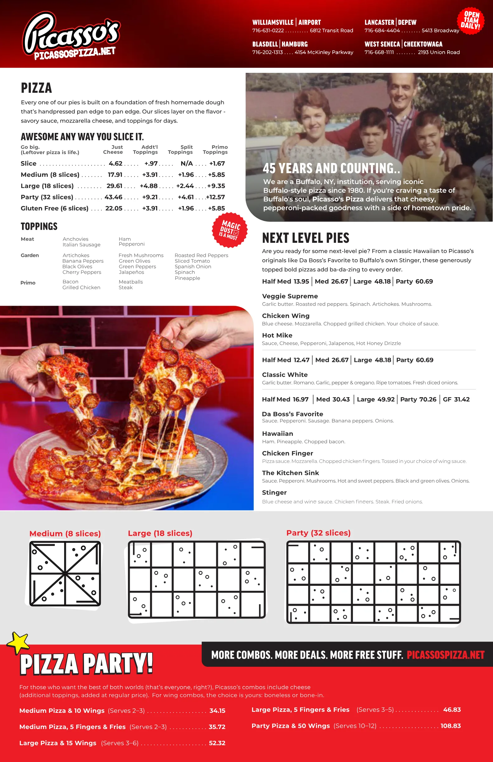 Picasso's Pizza menu page 1 — pizza, toppings, next level pies