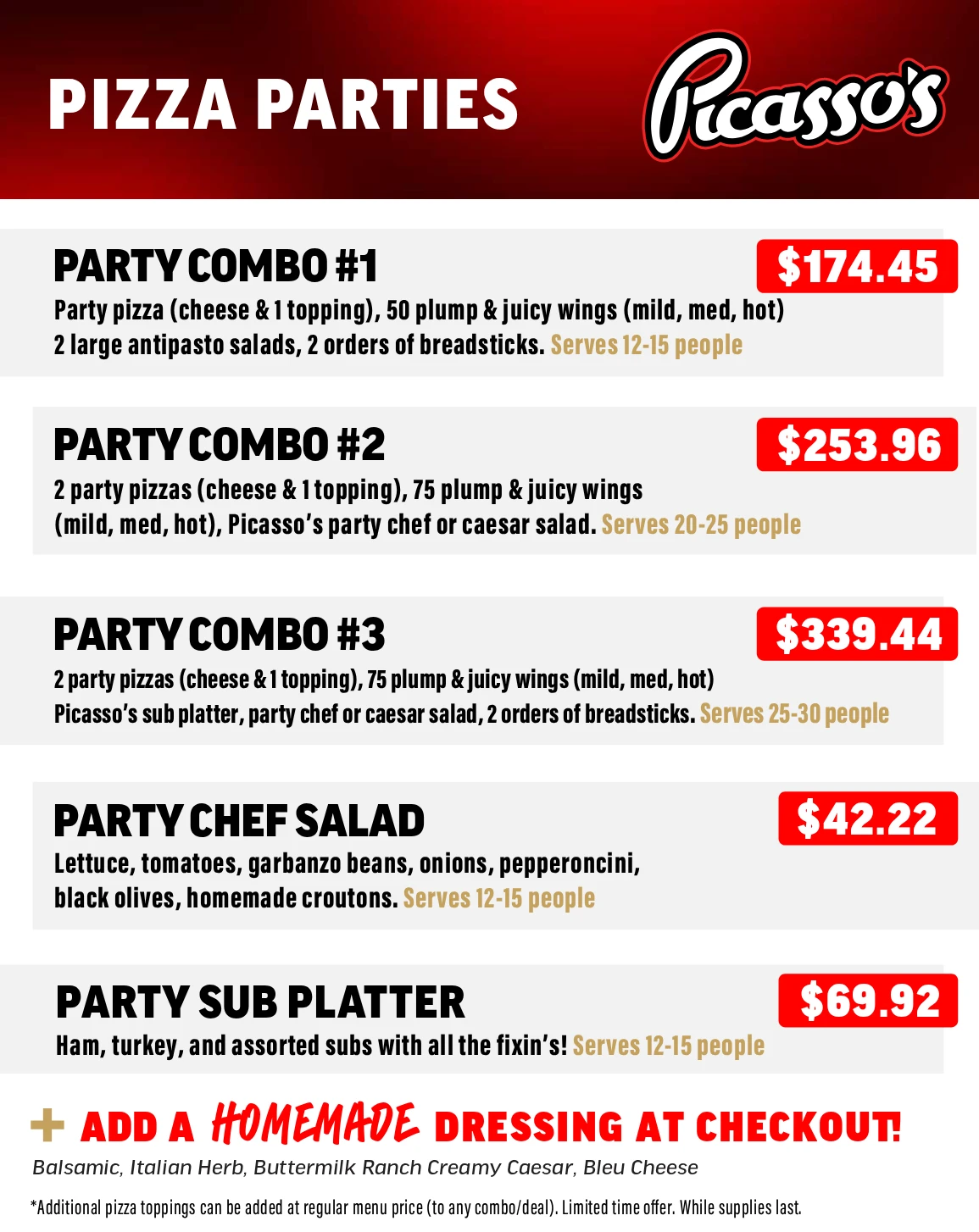 Picasso's Pizza Parties menu 2026 — party combos, chef salad, and sub platter with pricing